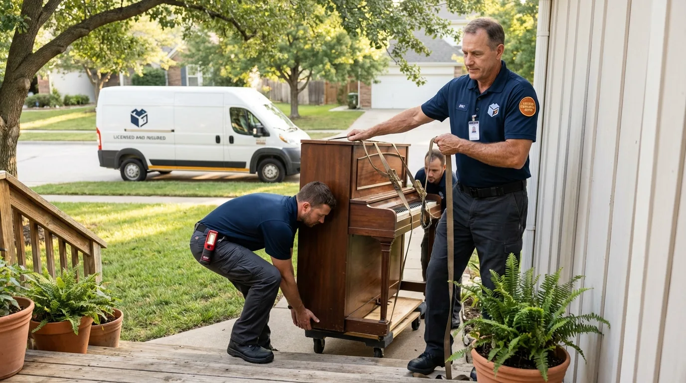 Licensed piano movers securing grand piano in Exmore, VA