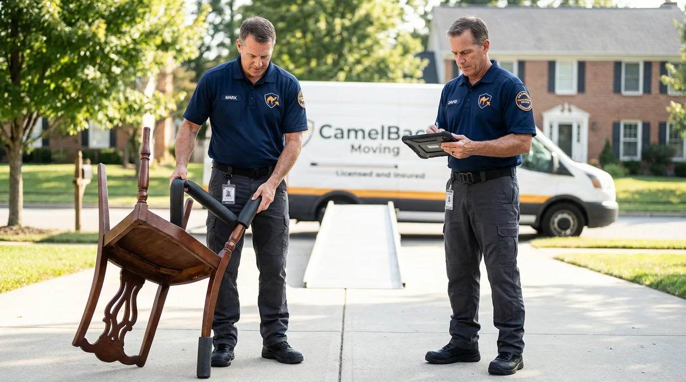 Movers inspecting furniture for damage prevention before loading in Exmore, VA